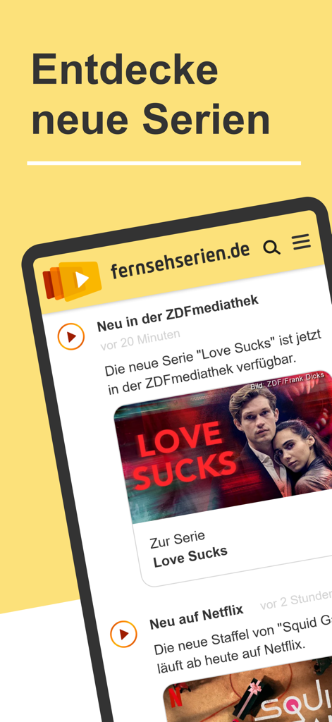 fernsehserien.de - Écran de l'application fernsehserien affichant un flux personnalisé de découverte de séries télévisées et des nouvelles du streaming