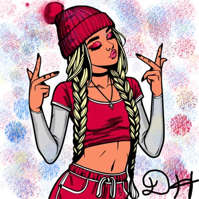 realistic teenage girl with braids and a beanie and crop top doing 🫶🏼