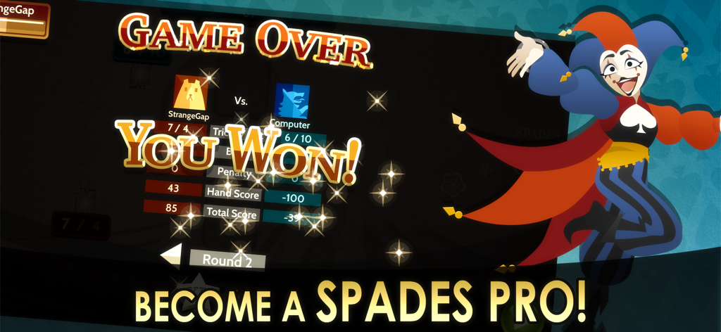 Spades Royale: Online + Single - Victory screen in Spades Royale showing game statistics and a cheerful jester character with the text You Won and Become a Spades Pro