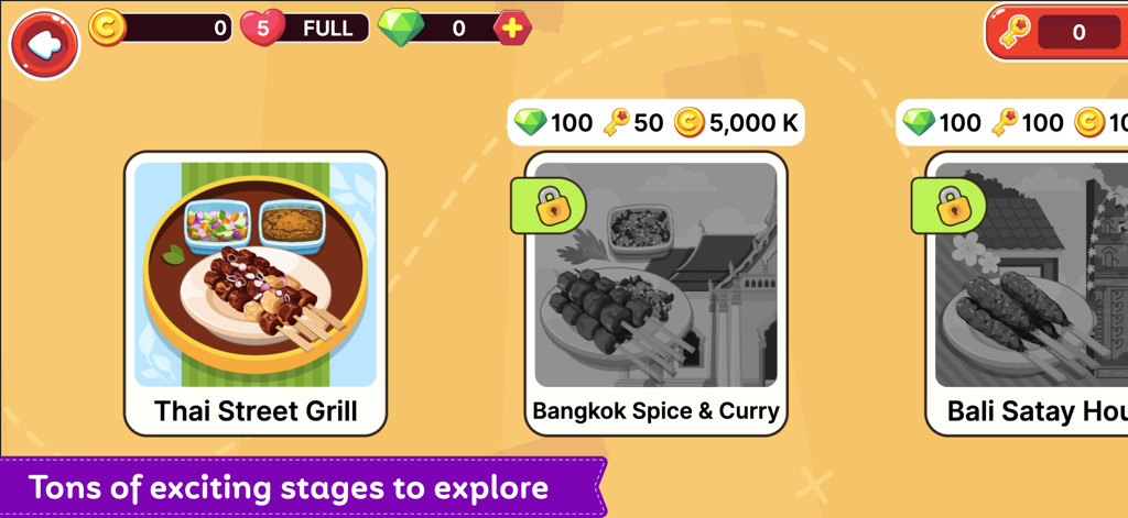 Street Grill Tycoon - Stage selection screen in Street Grill Tycoon showing locations like Thai Street Grill and Bangkok Spice