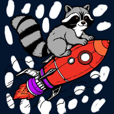 realistic raccoon flying on top rocket ship