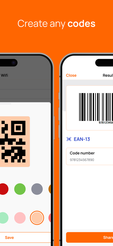 Mobile app interface showing how to create custom colored QR codes and generate EAN-13 barcodes