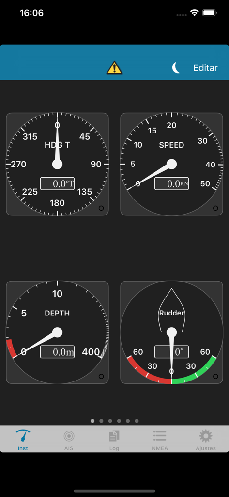 Boat Instruments - Interface do aplicativo Instrumentos de Barco com mostradores analógicos para rumo, velocidade, profundidade e leme