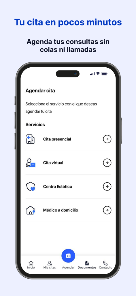 Clinica Internacionalアプリの診察予約オプションを表示するスマートフォンの画面