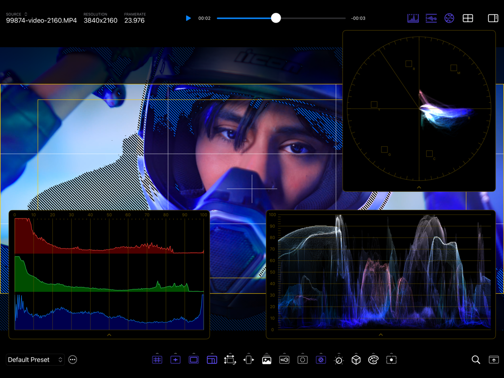 CineMon - CineMon professional video monitor app interface with advanced waveforms vectorscope and focus assist tools
