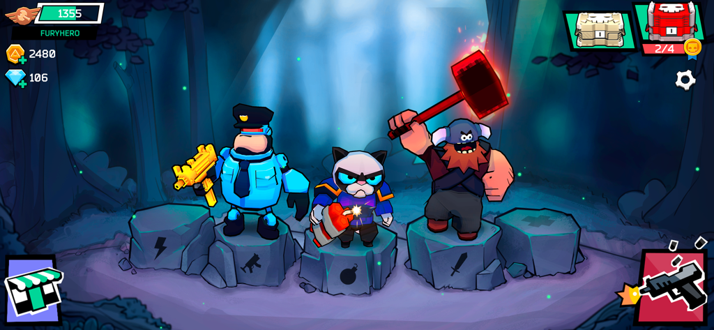 Charakterauswahlbildschirm in Fury Wars Online, der drei schrullige Helden auf steinernen Podesten zeigt