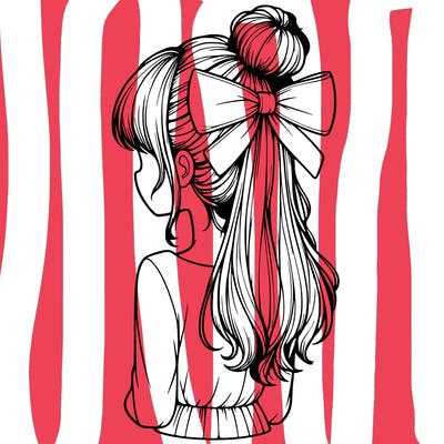 realistic girl  with hip length hair a bun and a big bow on the back of head