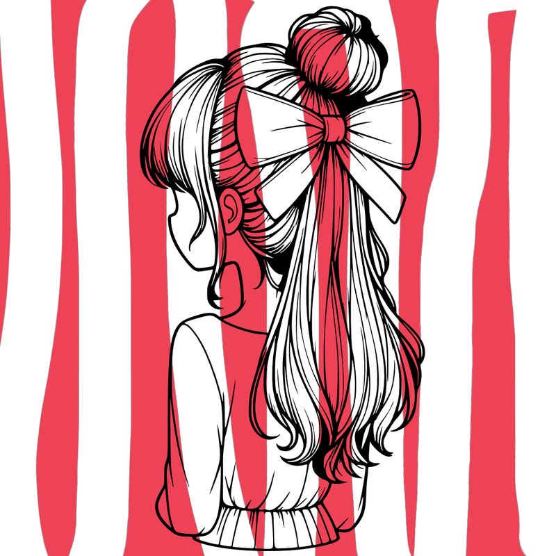 realistic girl  with hip length hair a bun and a big bow on the back of head