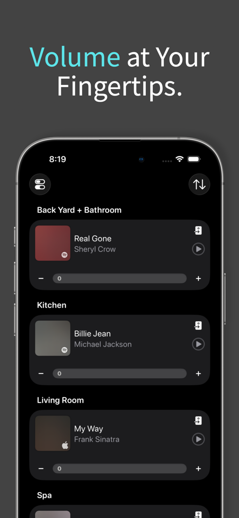 Clic for Sonos - Clic for Sonos App-Oberfläche, die die Multiroom-Audio-Steuerung mit einzelnen Lautstärkereglern für verschiedene Lautsprecher in einem Haus anzeigt