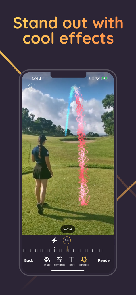 Ace Trace app interface showing a colorful wavy shot tracer on a golf course video