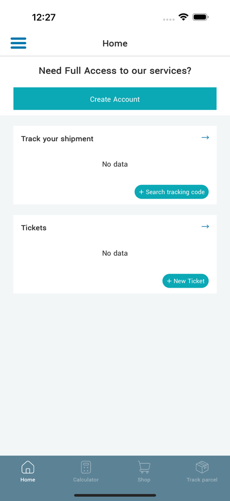 Georgian Post - Home dashboard of the Georgian Post mobile app showing shipment tracking and ticket sections