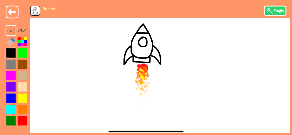 Drawing to Animation for Kids - Drawing interface of Drawing to Animation for Kids app showing a rocket outline with fire effect