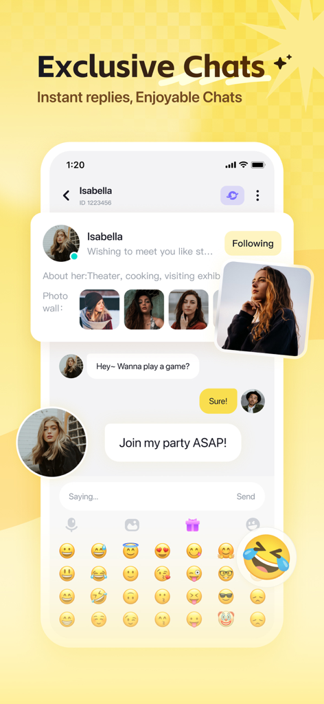 Wefun - Chat, Party and Game - Wefun app exclusive chat interface showing private messages and emoji selection