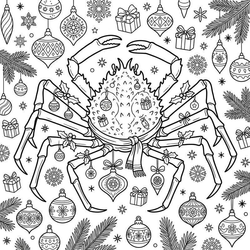 Get ready for a unique holiday coloring experience with this festive spider crab. Adorned with a cozy scarf and surrounded by classic Christmas ornaments, it's a delightful blend of marine wonder and seasonal joy.