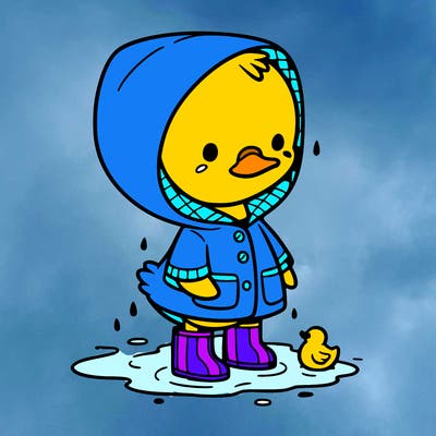 baby duck in a rain coat and boots, in a puddle while it’s raining