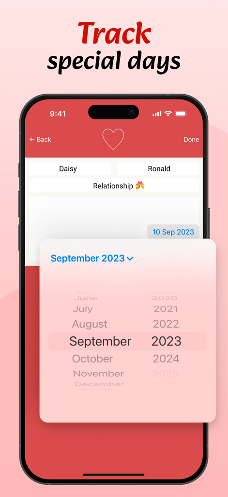 Eine mobile Benutzeroberfläche für Love Counter, die zeigt, wie Daisy und Ronald ihr Beziehungs-Startdatum mit einer Kalenderauswahl festlegen.