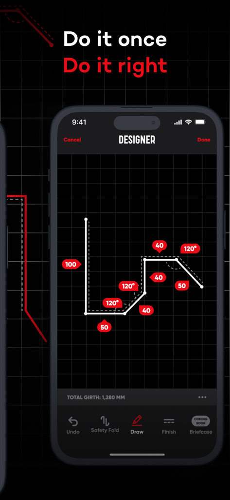Écran du concepteur de l'application mobile Flash.It affichant un profil de solin en tôle avec des dimensions et des angles précis.