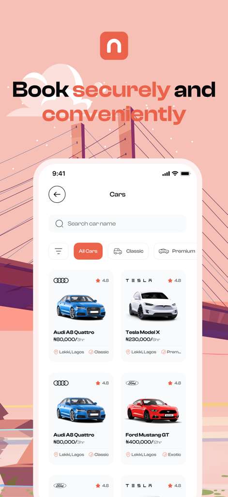 NidiDrive - NidiDrive App-Bildschirm mit einer Auswahl an Luxus-Mietwagen, darunter Audi, Tesla und Ford, mit Buchungspreisen