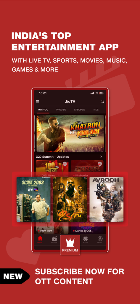 Screenshot dell'interfaccia dell'app JioTV che mostra film TV in diretta e contenuti sportivi