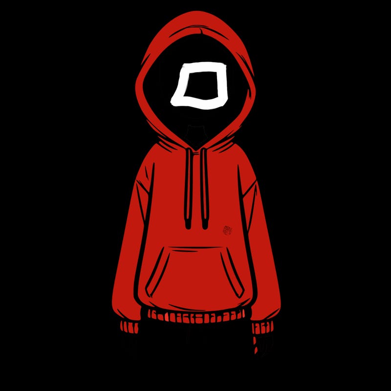 faceless girl in a tracksuit with a hood on and no hair