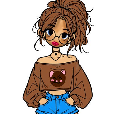 girl with a messy ponytail glasses a baggy crop top and jean shorts