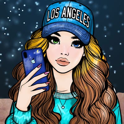 realistic beautiful girl wearing los ángeles cap holding an iphone