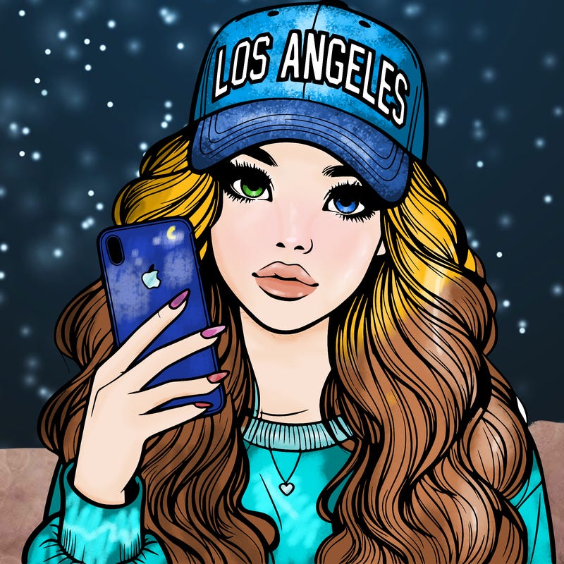 realistic beautiful girl wearing los ángeles cap holding an iphone