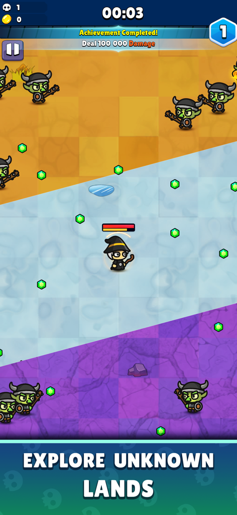 Rise of Necromancer - Captura de pantalla del juego móvil Rise of Necromancer que muestra a un personaje héroe luchando contra goblins en diferentes zonas de terreno de colores con el texto explora tierras desconocidas