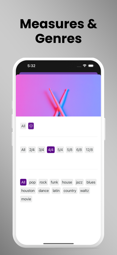 Drumify - Drum Loop Station - Interface do aplicativo Drumify mostrando a seleção de compassos de bateria e gêneros musicais.