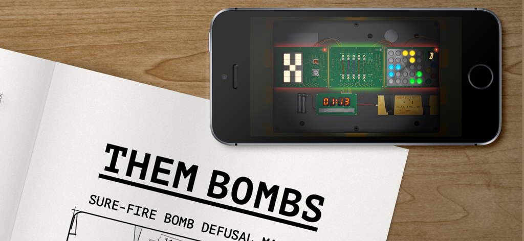 A smartphone displaying a bomb defusal game next to a printed instruction manual on a wooden surface.