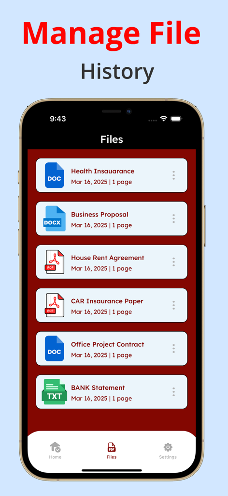 Mobile app screen showing a list of managed documents including insurance papers business proposals and contracts