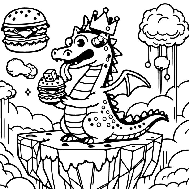 a dragon riding a dice in the floating islands eating chicken burgers wearing a crown