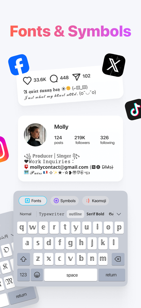 Keyboard Fonts for iPhone! - Teclado personalizado de iOS con fuentes y símbolos estéticos para perfiles y subtítulos de redes sociales