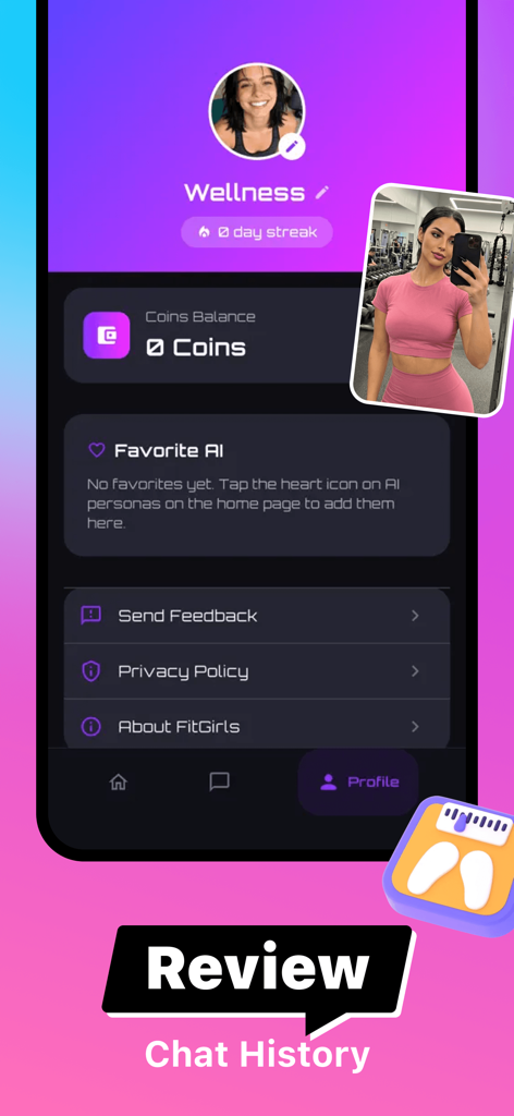 Fiti - Fit & Chat - Profile screen of the Fiti app featuring user wellness stats, coin balance, and favorite AI fitness companions.