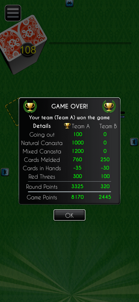 Canasta - The Card Game - Pantalla de resumen de puntuación para el juego de Canasta mostrando el desglose de puntos y los resultados del juego.