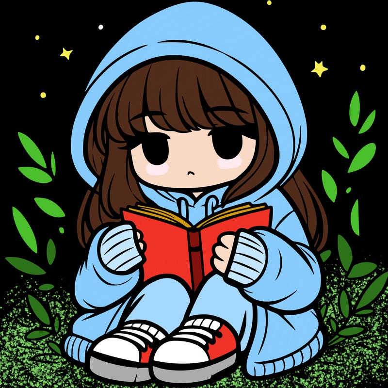 girl in oversized hoodie reading a book