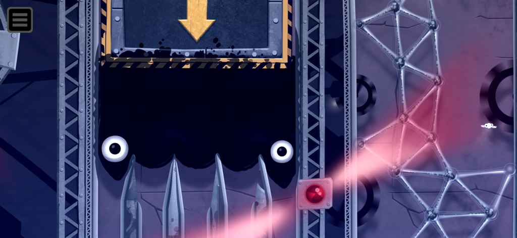 A large black goo mass with eyes hovering above sharp metal spikes in an industrial physics puzzle environment.