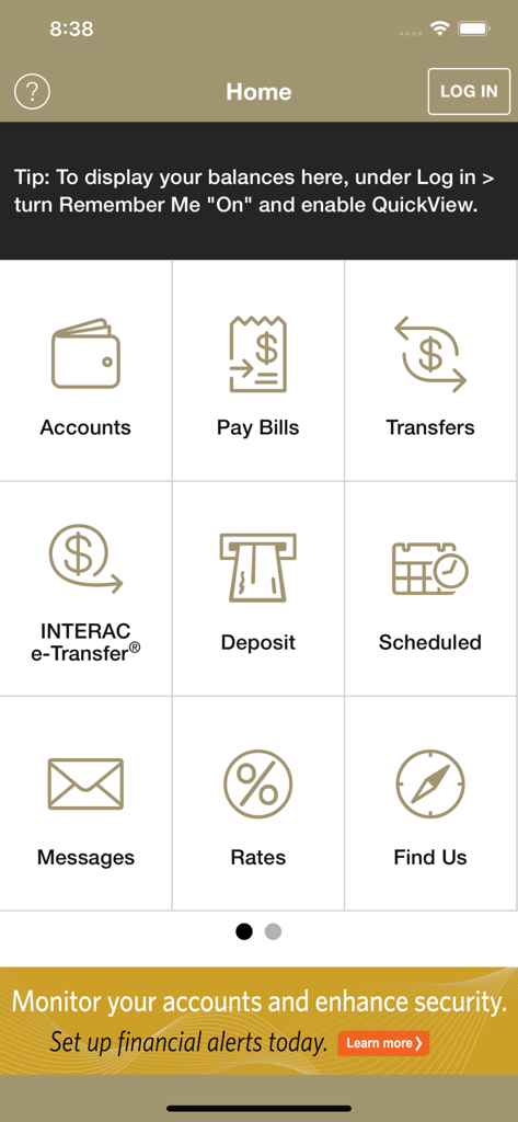 Schermata principale dell'app BlueShore Financial Mobile che mostra funzionalità bancarie come conti e trasferimenti.