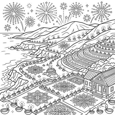 Journey to a serene coastal valley transformed by the joy of Diwali with this unique coloring page. Adorned with countless diyas, elaborate rangoli, and spectacular fireworks, it's a celebration waiting for your artistic touch.