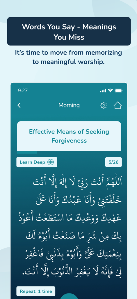 Zikraa app screen displaying the Arabic text of a morning Dua for seeking forgiveness with a Learn Deep button.