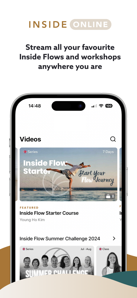 Inside Online mobile app screen showing yoga flow starter courses and summer challenges