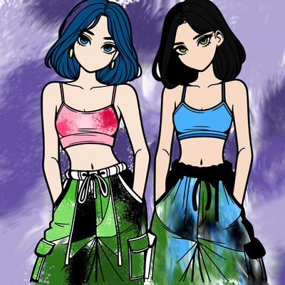 two girls with crop top with baggy pants