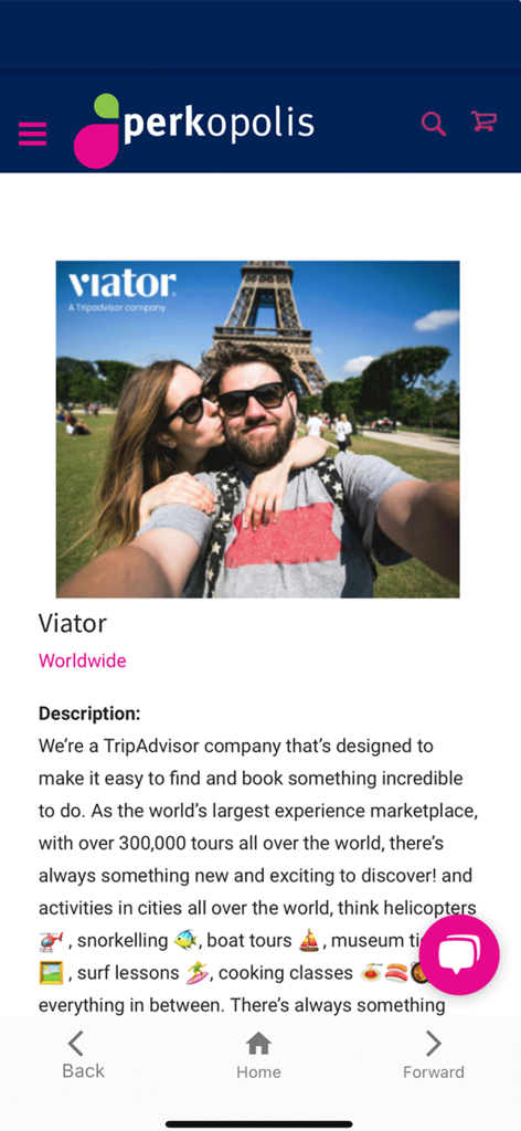 Perkopolis Mobile - Capture d'écran de l'application mobile Perkopolis montrant des offres de voyage exclusives Viator avec un couple posant devant la Tour Eiffel