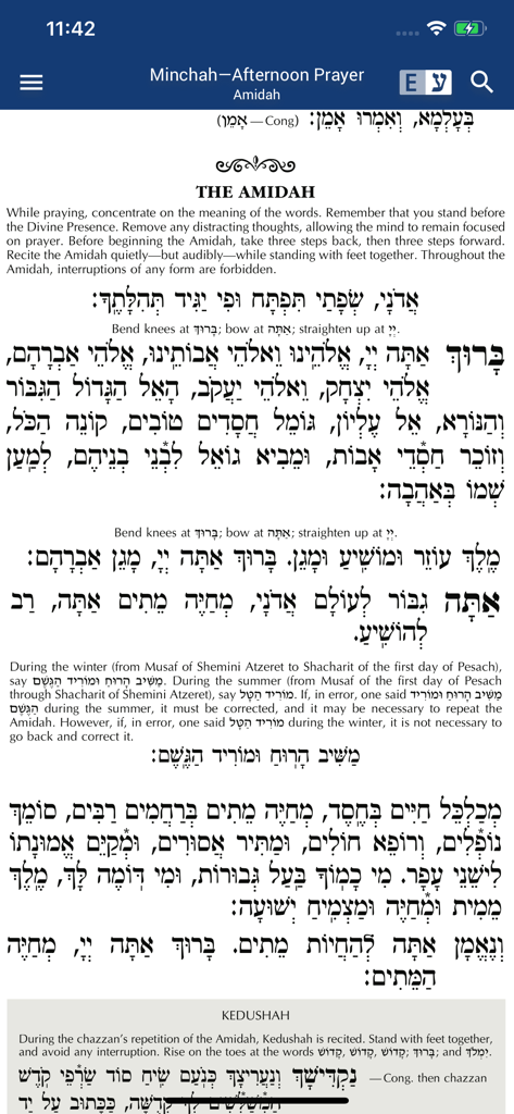 Digital Siddur app interface showing the Amidah afternoon prayer with Hebrew text and English instructions