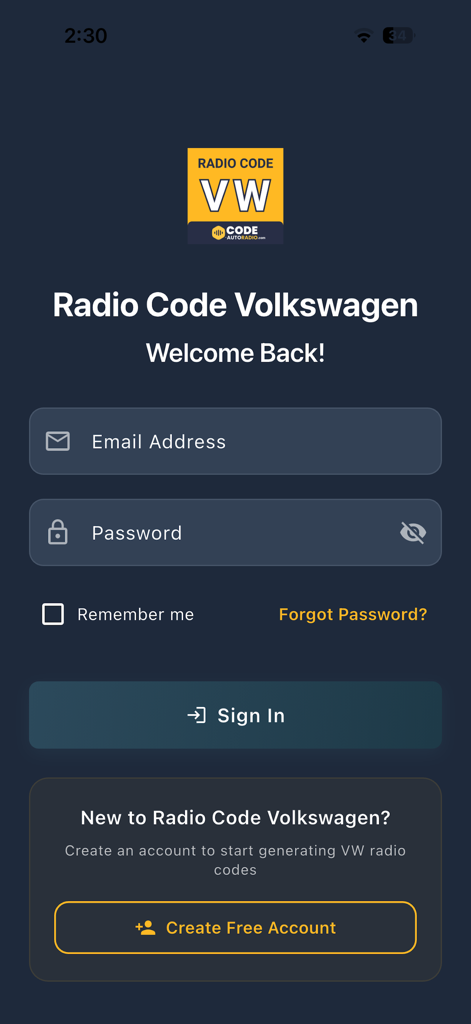 Auto Radio Code Generator - VW - Login page of the Auto Radio Code Generator VW app showing email and password fields and a sign in button