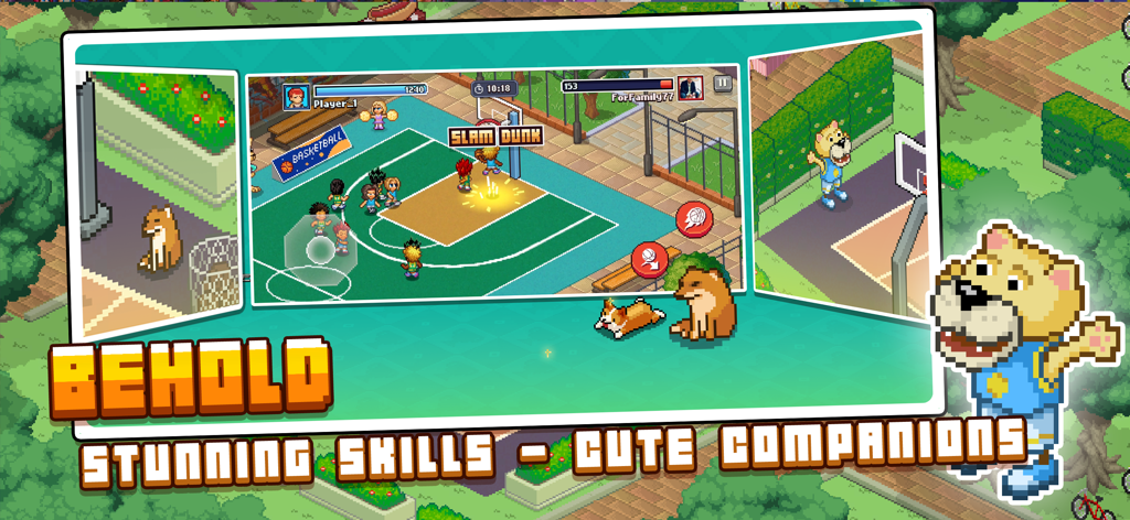 Pixel Basketball: Multiplayer - Retro 8-bit basketball gameplay showing a slam dunk and cute dog pets on a pixelated court