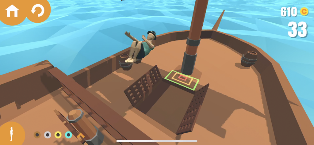 A character performing a flip stunt on a wooden boat in the Flip Trickster mobile game.