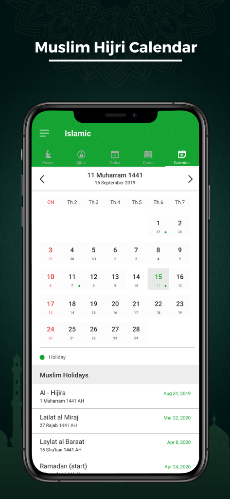 Muslim App - Islamic Pro - Smartphone screen showing the Muslim Hijri Calendar and a list of upcoming Islamic holidays.