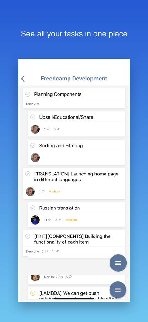 Freedcamp - L'app mobile Freedcamp che mostra un elenco di attività in un progetto di sviluppo.