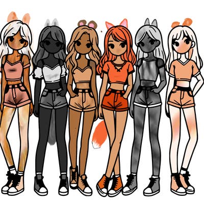 a group of girls wearing crop tops and shorts